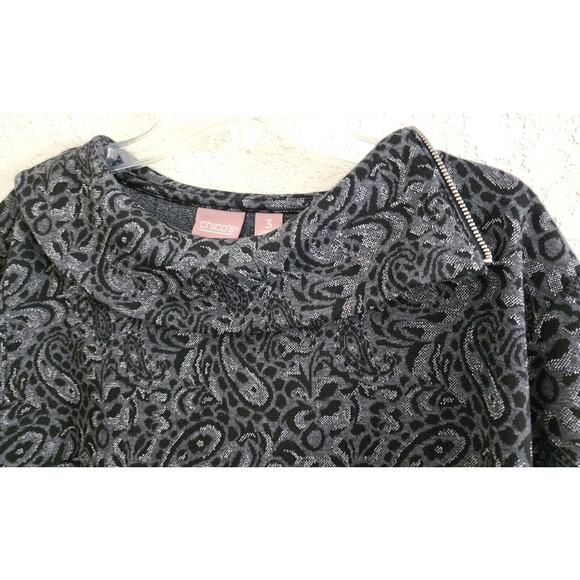 TOP/TUNIC STYLE-CHICO'S-Black Metallic Paisley-Long Length-Chico's Size 3 /LRG - Picture 3 of 15